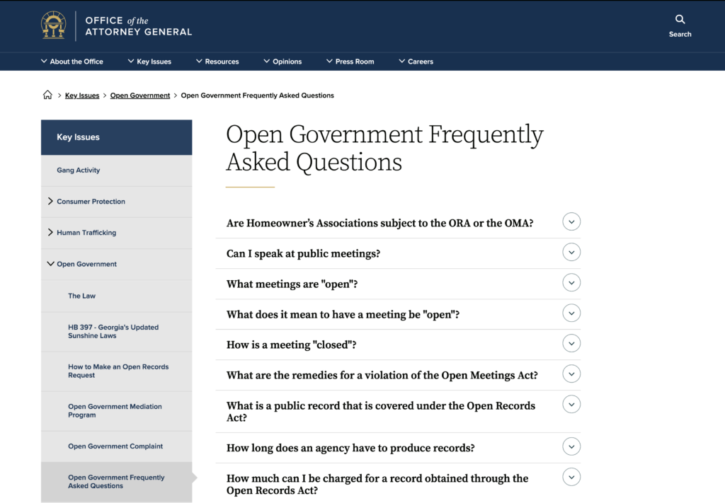 Georgia Attorney General’s Office’s Open Government webpage.